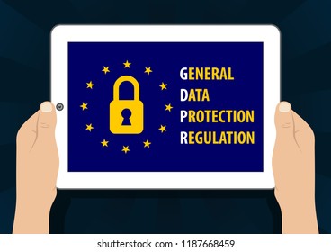 GDPR - General Data Protection Regulation. Two hands holding tablet, computer device. Vector illustration