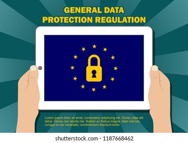 GDPR - General Data Protection Regulation. Two hands holding tablet, computer device. Vector illustration