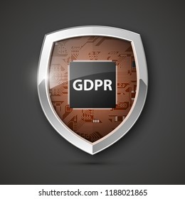 GDPR General Data Protection Regulation EU shield. Gdpr badge internet business guard shield. Safety badge vector icon. Security label. Defense safeguard tag. Privacy policy protect sticker shape icon