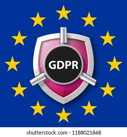 GDPR General Data Protection Regulation EU shield. Gdpr badge internet business guard shield. Safety badge vector icon. Security label. Defense safeguard tag. Privacy policy protect sticker shape icon