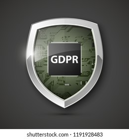 GDPR General Data Protection Regulation EU shield. Gdpr badge internet business guard shield. Safety badge vector icon. Security label. Defense safeguard tag. Privacy policy protect sticker shape icon