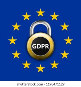 GDPR General Data Protection Regulation EU lock. Gdpr badge internet business guard padlock. Safety badge vector icon. Security label. Defense safeguard tag. Privacy policy protect sticker shape icon