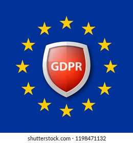 GDPR General Data Protection Regulation EU shield. Gdpr badge internet business guard shield. Safety badge vector icon. Security label. Defense safeguard tag. Privacy policy protect sticker shape icon