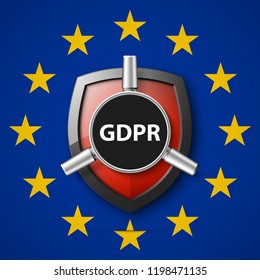 GDPR General Data Protection Regulation EU shield. Gdpr badge internet business guard shield. Safety badge vector icon. Security label. Defense safeguard tag. Privacy policy protect sticker shape icon