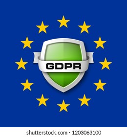 GDPR General Data Protection Regulation EU shield. Gdpr badge internet business guard shield. Safety badge vector icon. Security label. Defense safeguard tag. Privacy policy protect sticker shape icon