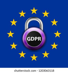 GDPR General Data Protection Regulation EU lock. Gdpr badge internet business guard padlock. Safety badge vector icon. Security label. Defense safeguard tag. Privacy policy protect sticker shape icon