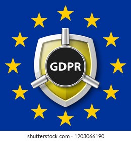 GDPR General Data Protection Regulation EU shield. Gdpr badge internet business guard shield. Safety badge vector icon. Security label. Defense safeguard tag. Privacy policy protect sticker shape icon