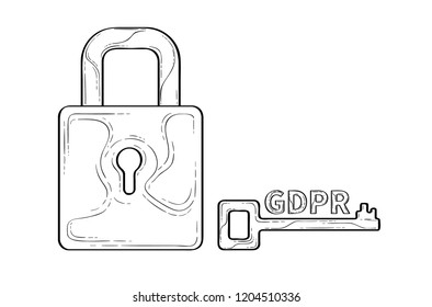 GDPR (General Data Protection Regulation) concept sketch illustration with lock and key. European concept of data protection.