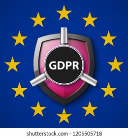 GDPR General Data Protection Regulation EU shield. Gdpr badge internet business guard shield. Safety badge vector icon. Security label. Defense safeguard tag. Privacy policy protect sticker shape icon