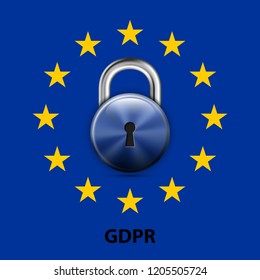 GDPR General Data Protection Regulation EU lock. Gdpr badge internet business guard padlock. Safety badge vector icon. Security label. Defense safeguard tag. Privacy policy protect sticker shape icon