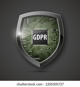 GDPR General Data Protection Regulation EU shield. Gdpr badge internet business guard shield. Safety badge vector icon. Security label. Defense safeguard tag. Privacy policy protect sticker shape icon