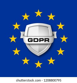 GDPR General Data Protection Regulation EU shield. Gdpr badge internet business guard shield. Safety badge vector icon. Security label. Defense safeguard tag. Privacy policy protect sticker shape icon