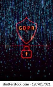 GDPR - General Data Protection Regulation and lock on  background of matrix code.Cryptographic analysis, hacking, decoding. Computer encryption technology. Separation of a digital signal streaming.