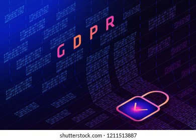 GDPR - General Data Protection Regulation and lock on  background of matrix code. Blue glowing data flow as binary numbers.  Computer code representation. Cryptographic analysis, hacking.  Vector.
