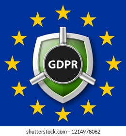 GDPR General Data Protection Regulation EU shield. Gdpr badge internet business guard shield. Safety badge vector icon. Security label. Defense safeguard tag. Privacy policy protect sticker shape icon