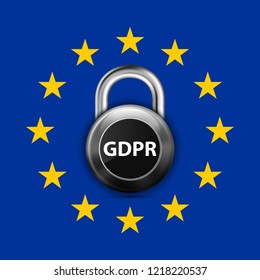 GDPR General Data Protection Regulation EU lock. Gdpr badge internet business guard padlock. Safety badge vector icon. Security label. Defense safeguard tag. Privacy policy protect sticker shape icon