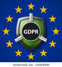 GDPR General Data Protection Regulation EU shield. Gdpr badge internet business guard shield. Safety badge vector icon. Security label. Defense safeguard tag. Privacy policy protect sticker shape icon