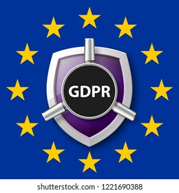 GDPR General Data Protection Regulation EU shield. Gdpr badge internet business guard shield. Safety badge vector icon. Security label. Defense safeguard tag. Privacy policy protect sticker shape icon