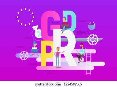 GDPR. General Data Protection Regulation  - Big Letters and Cartoon People Characters. Vector Illustration for Web Page, Banner, Social Media and Landing Page. Trend Colors.