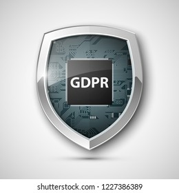 GDPR General Data Protection Regulation EU shield. Gdpr badge internet business guard shield. Safety badge vector icon. Security label. Defense safeguard tag. Privacy policy protect sticker shape icon