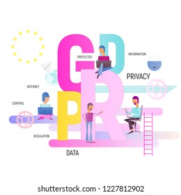 GDPR. General Data Protection Regulation  - Big Letters and Cartoon People Characters on White Background. Vector Illustration for Web Page, Banner, Social Media and Landing Page. Square Format.
