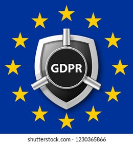 GDPR General Data Protection Regulation EU shield. Gdpr badge internet business guard shield. Safety badge vector icon. Security label. Defense safeguard tag. Privacy policy protect sticker shape icon