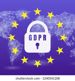 GDPR General Data Protection Regulation EU, on a neon world map background. Vector stock illustration.