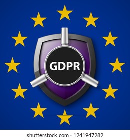 GDPR General Data Protection Regulation EU shield. Gdpr badge internet business guard shield. Safety badge vector icon. Security label. Defense safeguard tag. Privacy policy protect sticker shape icon