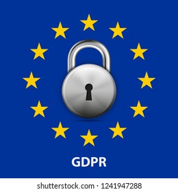 GDPR General Data Protection Regulation EU lock. Gdpr badge internet business guard padlock. Safety badge vector icon. Security label. Defense safeguard tag. Privacy policy protect sticker shape icon
