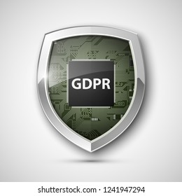 GDPR General Data Protection Regulation EU shield. Gdpr badge internet business guard shield. Safety badge vector icon. Security label. Defense safeguard tag. Privacy policy protect sticker shape icon