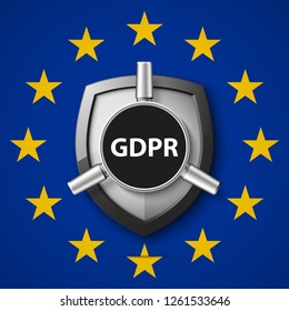 GDPR General Data Protection Regulation EU shield. Gdpr badge internet business guard shield. Safety badge vector icon. Security label. Defense safeguard tag. Privacy policy protect sticker shape icon