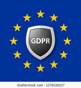 GDPR General Data Protection Regulation EU shield. Gdpr badge internet business guard shield. Safety badge vector icon. Security label. Defense safeguard tag. Privacy policy protect sticker shape icon