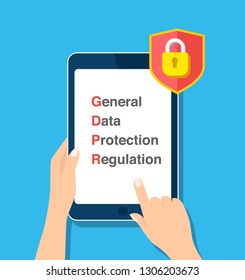 GDPR General Data Protection Regulation. Vector tablet lock hand flat design illustration. Safety concept