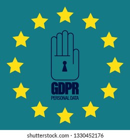 GDPR - General Data Protection Regulation. Personsl data. In shape of hand and padlock. Isolated on blue background. Flat design. Hand-drawn. Vector illustrator.