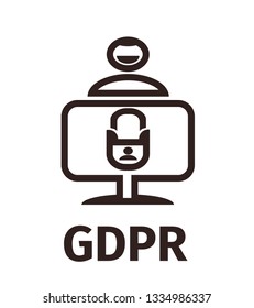 GDPR - General Data Protection Regulation. Personsl data. Schematic image. A man sits at the computer and rejoices. Lock on the computer. Lines icon. Black and white vector.