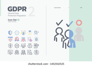 GDPR (General Data Protection Regulation) vector icon set with flat and outline stroke styles