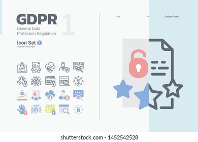 GDPR (General Data Protection Regulation) vector icon set with flat and outline stroke styles