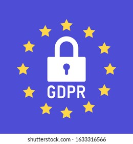 GDPR, General Data Protection Regulation concept. White lock on blue background with yellow stars from EU flag and GDPR inscription. Vector illustration.