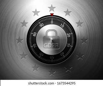 GDPR General Data Protection Regulation. Internet business guard padlock with EU stars. Privacy policy protect. Realistic vector metallic safe lock. Code lock. Brushed metal