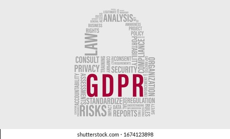 GDPR "Regulación general de protección de datos" vector conceptual de nube de etiquetas con palabras relacionadas con la protección de datos y la privacidad en forma de candado. Vector ilustra la legislación de la UE sobre la protección de datos.
