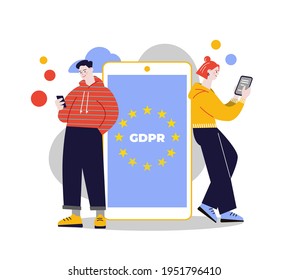 GDPR Allgemeine Datenschutzverordnung. Die Europäische Kommission stärkt und vereinheitlicht den Schutz personenbezogener Daten. Kontrolle über ihre personenbezogenen Daten. Vektorgrafik. Zeichendesign