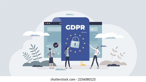 GDPR o regulación general de protección de datos como concepto de persona diminuta de la legislación de la UE. Privacidad de la información personal con ilustración vectorial del acto jurídico de la unión europea. Proteger el ciberespacio digital de la filtración de información