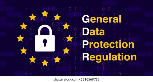 GDPR - General Data Protection Regulation. Flat padlock with twelve yellow stars on technology background. Eu flag stylized vector background.