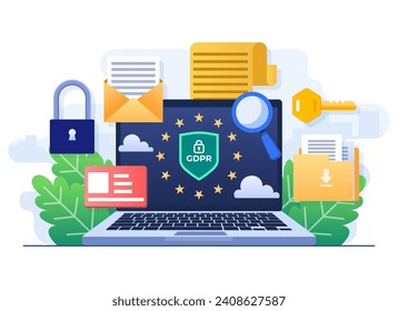 GDPR, Reglamento general de protección de datos, seguridad de datos de la red, protección de datos confidenciales, seguridad de la web, concepto de tecnología de ciberseguridad ilustración plana para la página de aterrizaje, diseño de banderas del sitio web 