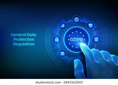 GDPR. General Data Protection Regulation. Cyber security and privacy concept on virtual screen. Protection of personal information. Wireframe hand touching digital interface. Vector illustration.