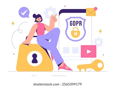 GDPR or General Data Protection Regulation Illustration featuring Cybersecurity, Personal Information Protection, and Access Control Verification