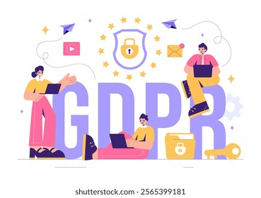 GDPR or General Data Protection Regulation Illustration featuring Cybersecurity, Personal Information Protection, and Access Control Verification