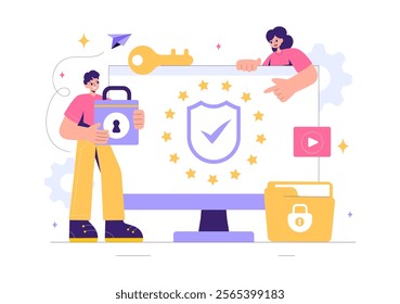 GDPR or General Data Protection Regulation Illustration featuring Cybersecurity, Personal Information Protection, and Access Control Verification