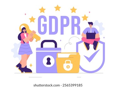 GDPR or General Data Protection Regulation Illustration featuring Cybersecurity, Personal Information Protection, and Access Control Verification