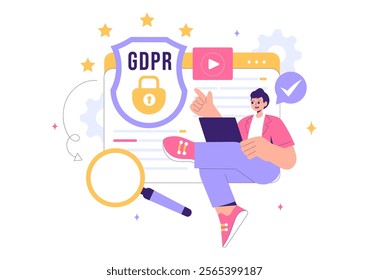 GDPR or General Data Protection Regulation Illustration featuring Cybersecurity, Personal Information Protection, and Access Control Verification